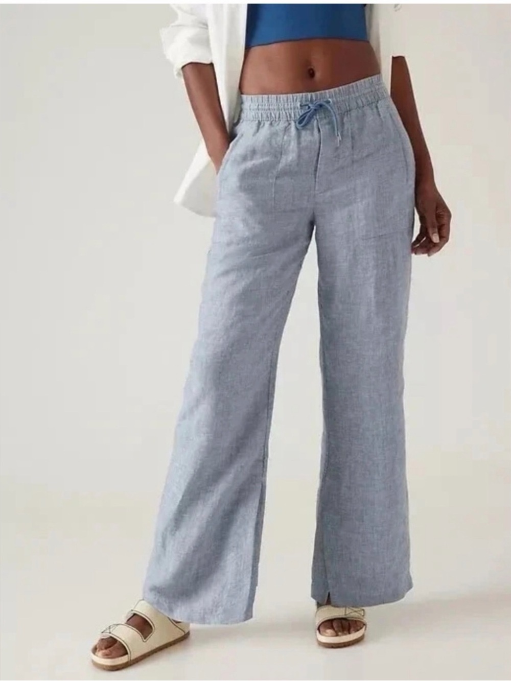 Athleta Retreat Linen Wide Leg Pull On Pants Sz 0 Chambray Blue Summer Vacation